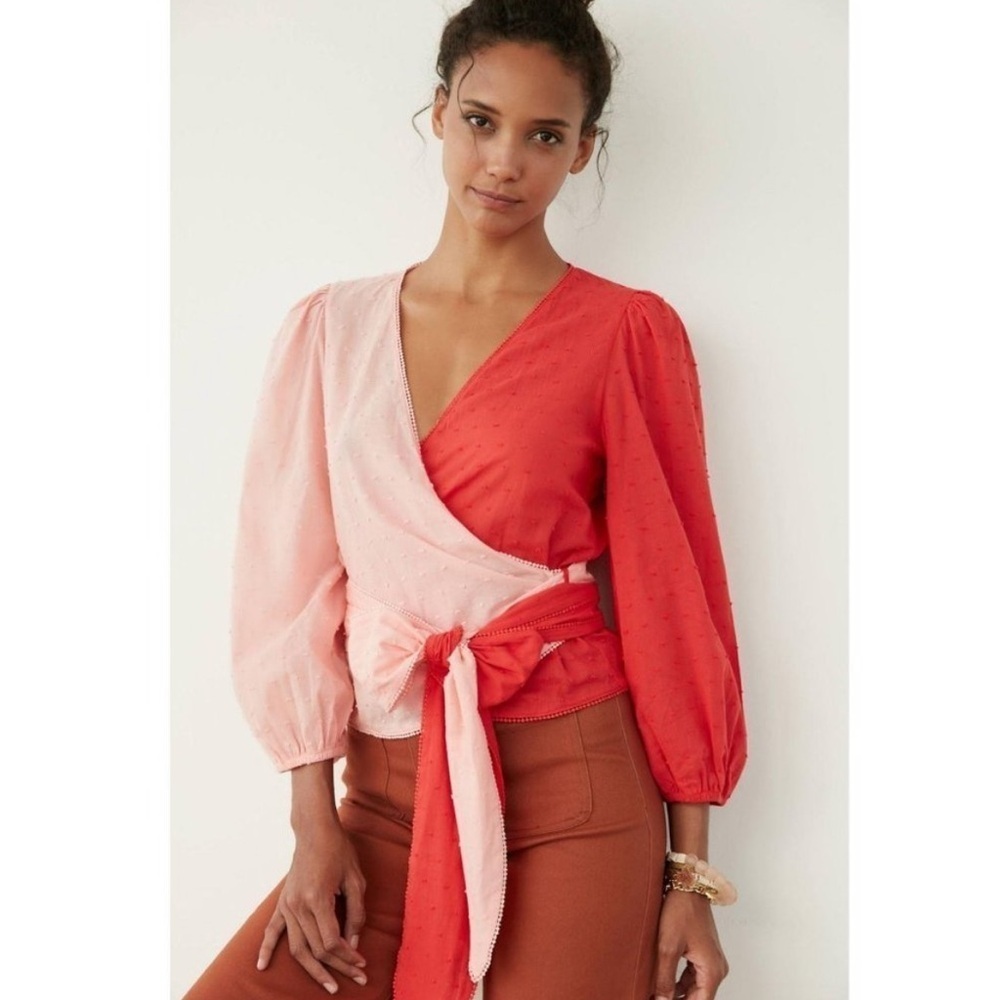 Anthropologie Farm Rio Colorblock Wrap Blouse Textured Pink Red Tie Waist